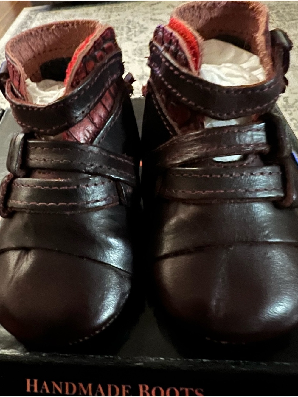 freebird Dark Brown Leather Kids Double-Strap Boots with Red Lining